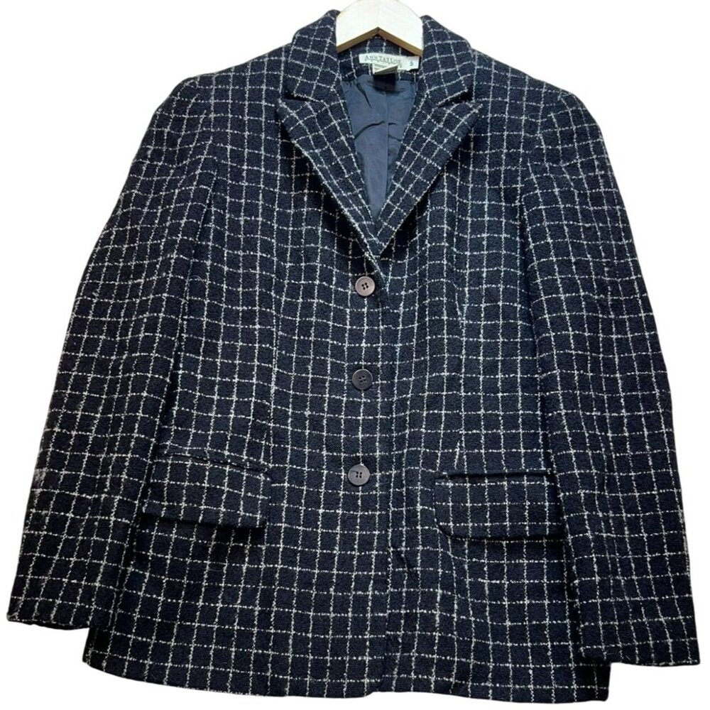 Ann Taylor Women's Wool 3 Button Blazer Long Sleeve Size 6P Blue White Plaid